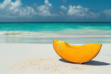 Delicious Mango Slice On The Beach. White Beach And Summer Background. Fruits For Summer Season