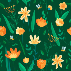 Large yellow and orange flowers on a green background. Spring seamless pattern. Template for fabric, paper, textile. Vector illustration in modern style. 