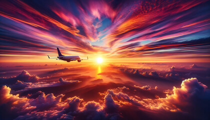 Airplane flying at sunset with vibrant sky colors