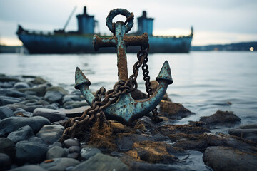 Fototapeta premium An old rusty anchor lies on the pebble shore. Generated by artificial intelligence