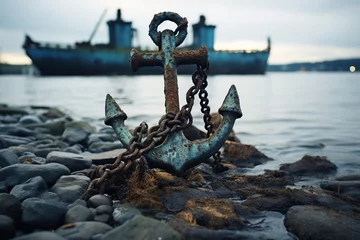 Foto op Canvas An old rusty anchor lies on the pebble shore. Generated by artificial intelligence © Vovmar
