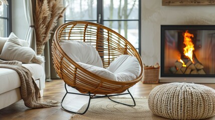 Fototapeta na wymiar White sofa with wicker pouf and rattan lounge chair. Generative Ai