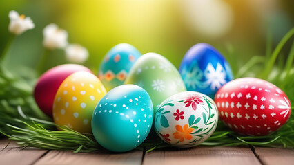 Beautiful colored Easter eggs with ornaments on the grass on blurred background of garden