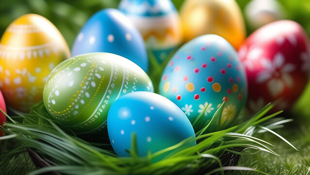 Beautiful colored Easter eggs with ornaments on the grass on blurred background of garden
