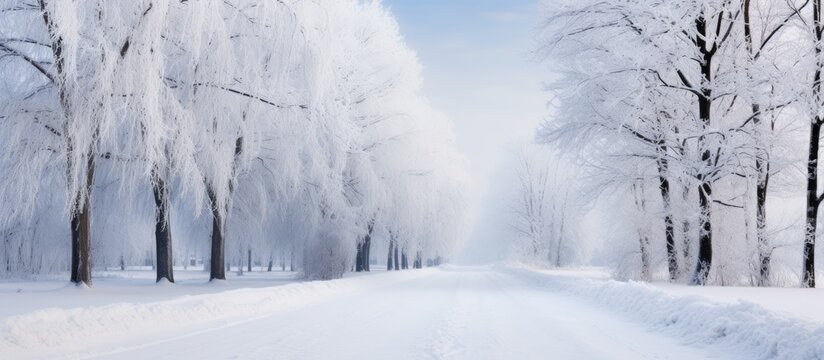 Mesmerizing Winter Scene: Snow-covered Road Leading to Enchanting Forest