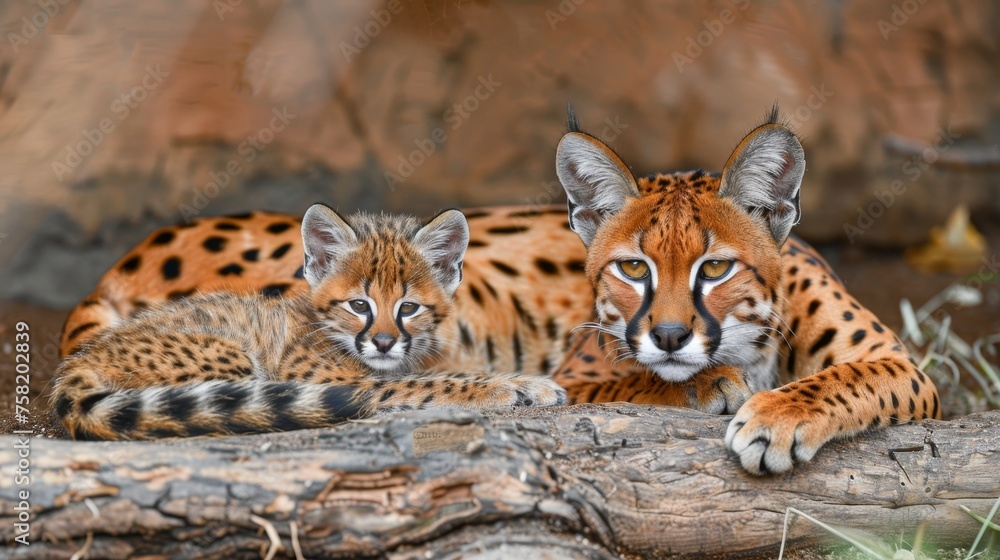 Poster african golden cat and kitten portrait with empty space for text, object on right side