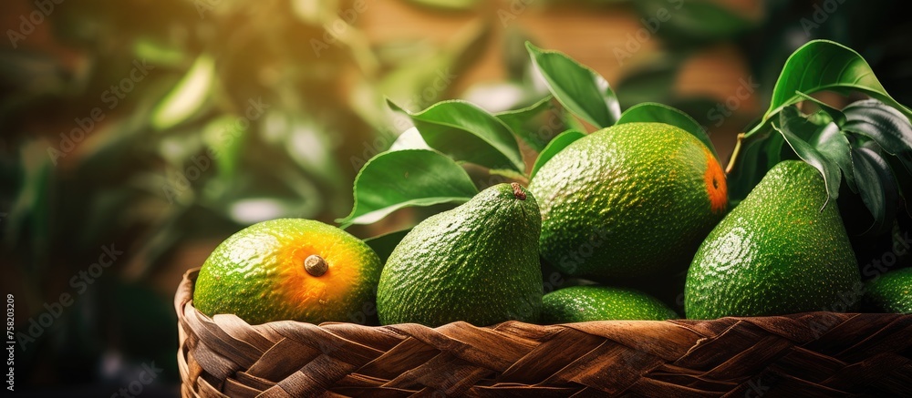 Poster A Basket of Green Avocados Displayed in a Rustic Setting with Leaves and Knife