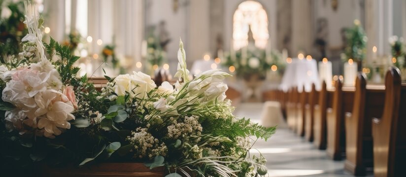 Serene Church Interior Adorned with Colorful Flowers on Wooden Pew Bench