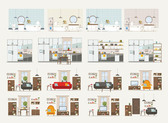 set with interiors, kitchen, bathroom, living room and bedroom, flat vector illustration of rooms with equipment