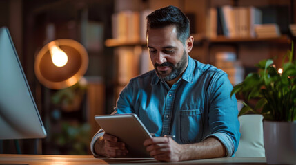 man smiling and engaging with a tablet