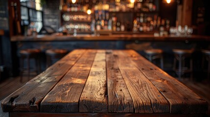 Rustic wooden table, empty. Vintage pub interior. Generative Ai