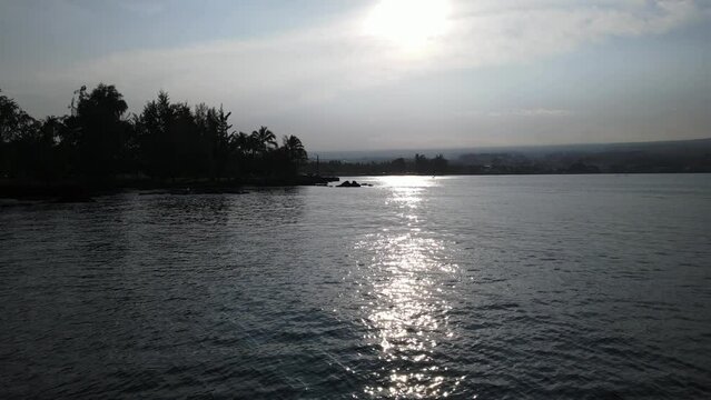 aerial view of Hilo bay, Hawaii and Mauna Kea on a clear day