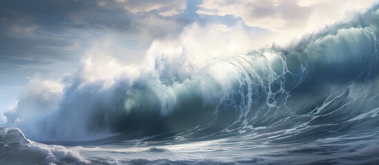 Majestic Ocean Fury: Powerful Giant Wave cresting under Clear Blue Sky - Powered by Adobe
