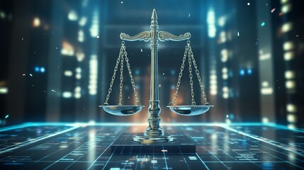 Law Scales on Background of Data Center: Digital Justice Concept

