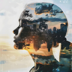 Double Exposure Photo of a Woman with a Big City Background generative ai
