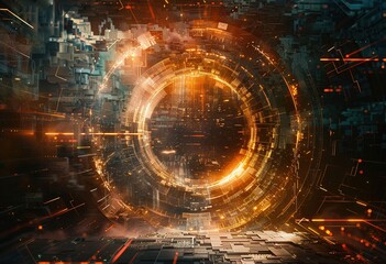 Obraz premium digital artwork depicting a portal in the shape of a glowing circle, opening up to a vast and unknown technological dimension.