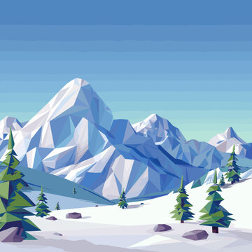 Low poly mountains landscape vector background. Polygonal shapes peaks with snow on top and trees around