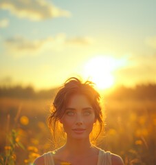 Young woman's portrait in a sunlit field at sunset