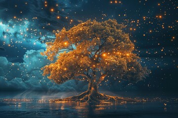 dreamlike scene of a giant tree with luminous branches reaching across the world - obrazy, fototapety, plakaty