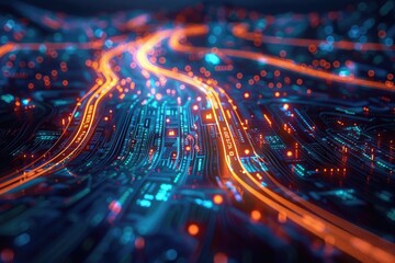 Electronic circuit board imitating highway and city lights from above, blue and red technological...