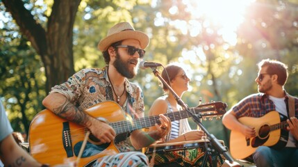 a young man playing guitar with friends in the park on a sunny day. Outdoor activities, - obrazy, fototapety, plakaty