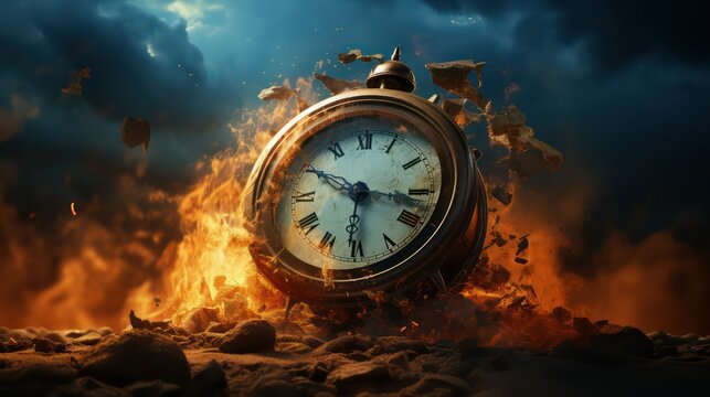 Time is running out concept. Old alarm clock on fire background.