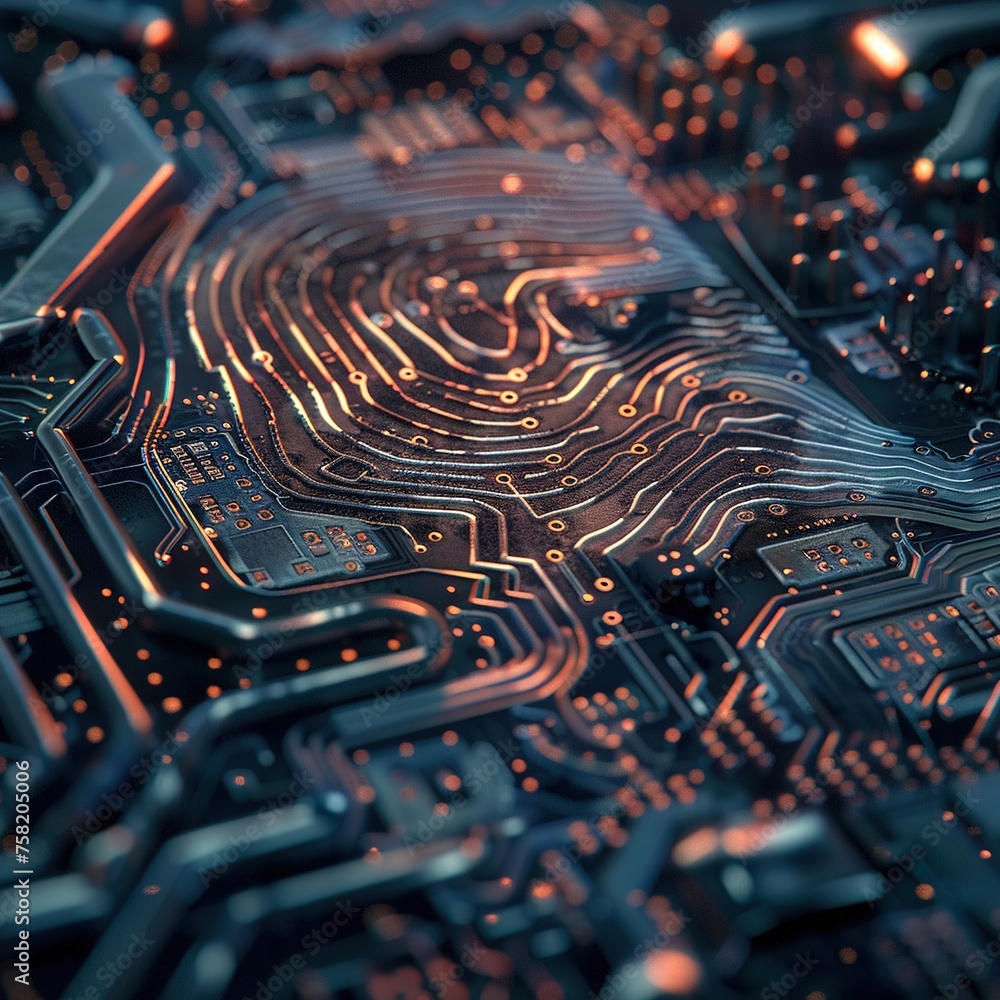 Aufkleber photo realistic close-up of a fingerprint scanner morphing into a complex circuit board as it grants