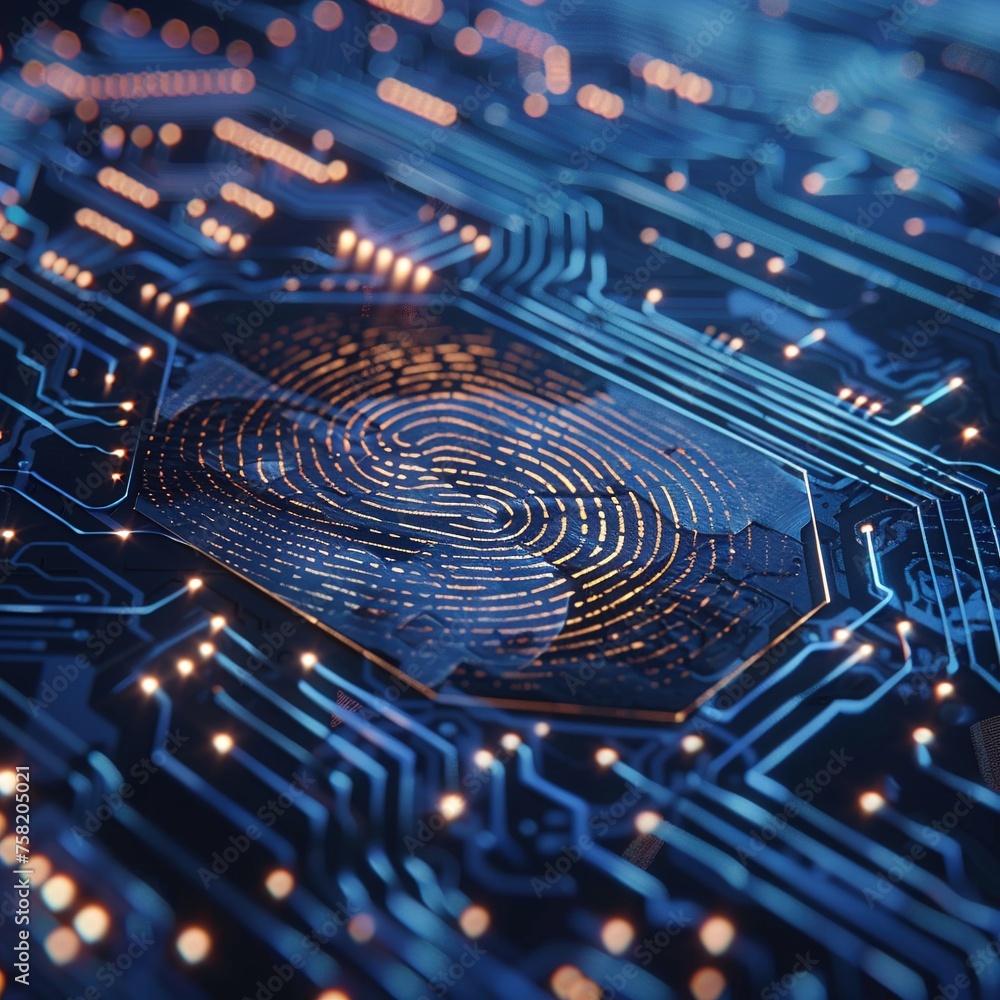 Aufkleber photo realistic close-up of a fingerprint scanner morphing into a complex circuit board as it grants