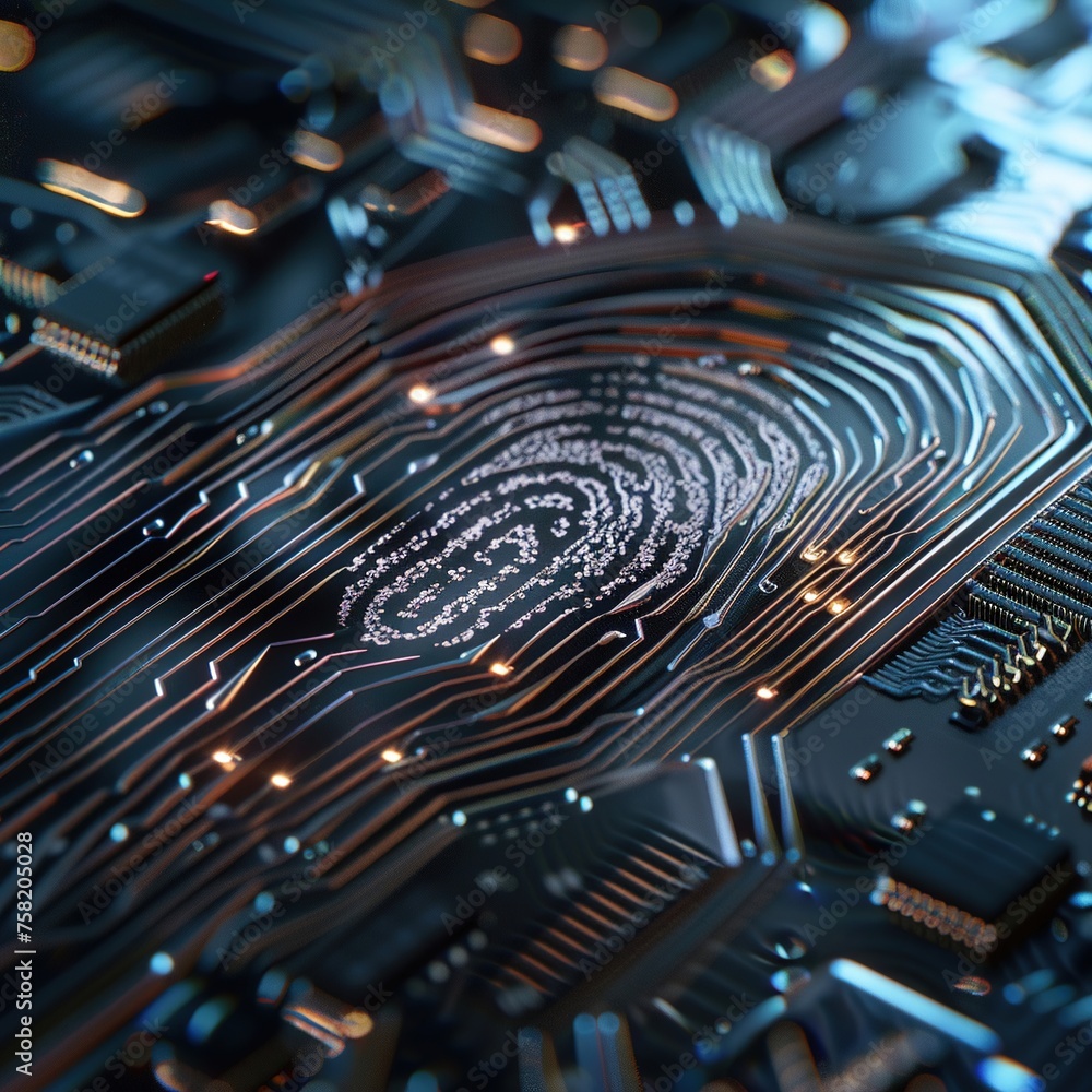 Aufkleber photo realistic close-up of a fingerprint scanner morphing into a complex circuit board as it grants