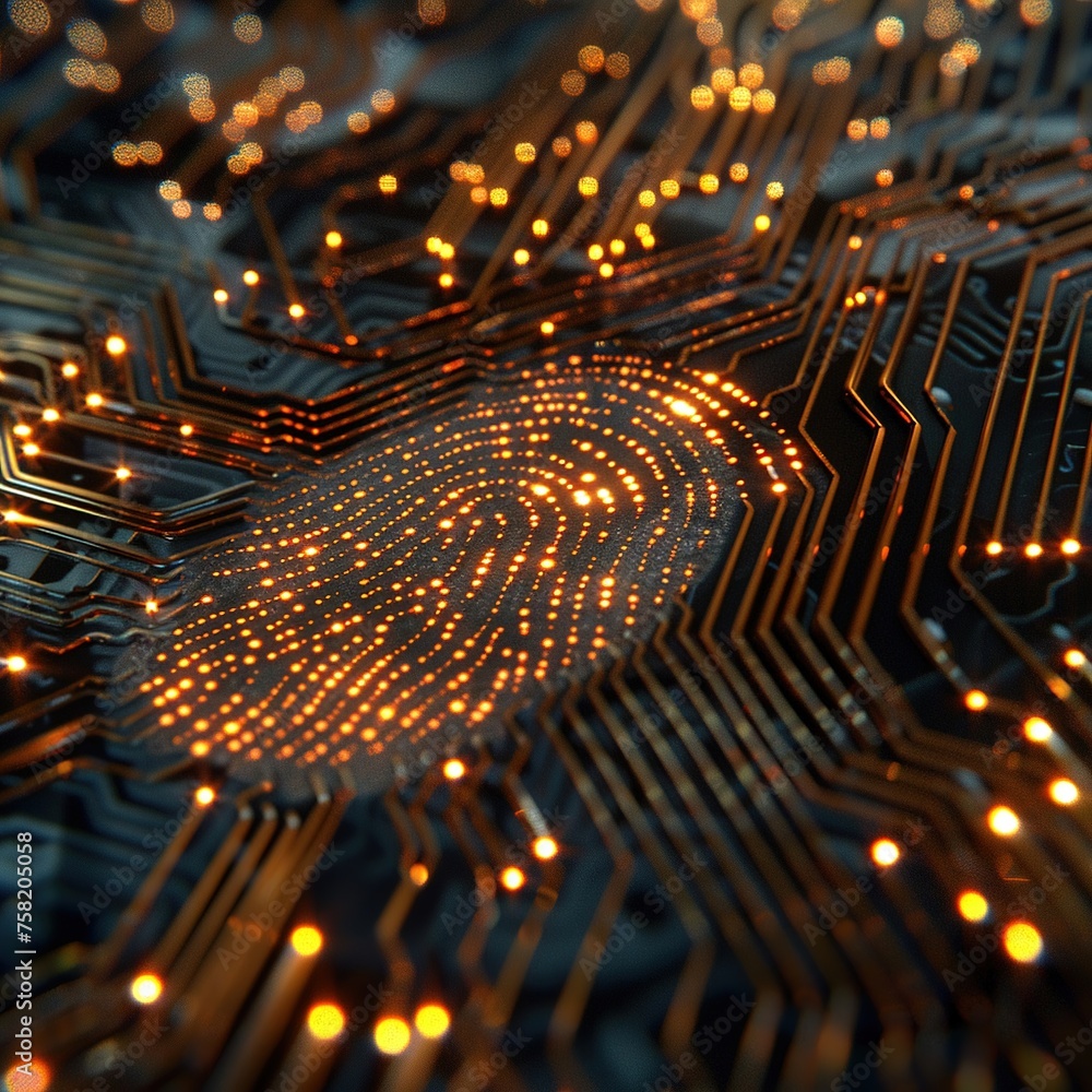 Aufkleber photo realistic close-up of a fingerprint scanner morphing into a complex circuit board as it grants
