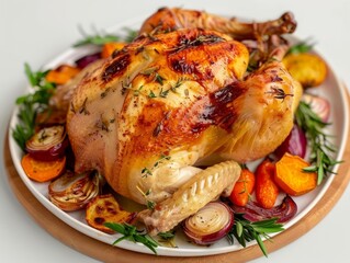 Roasted whole chicken on a plate with vegetables