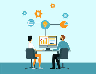 Vector illustration of an office setting with workers sitting with their backs