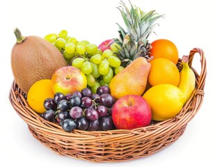 Composition with fruits in a wicker basket, isolated on white