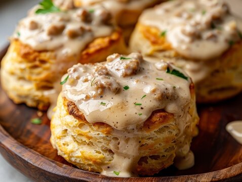 Closeup of biscuits and creamy sausage gravy on a wooden plate, with copy space