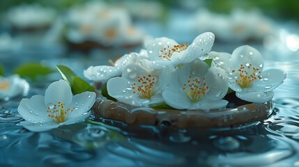 Tranquil water with blossoming white flowers