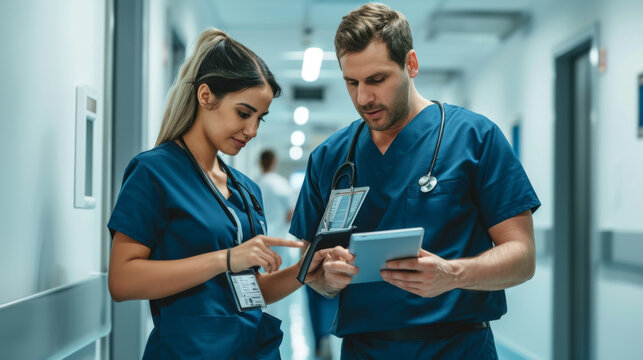 medical professionals, a male and a female, are attentively looking at a digital tablet in a hospital corridor
