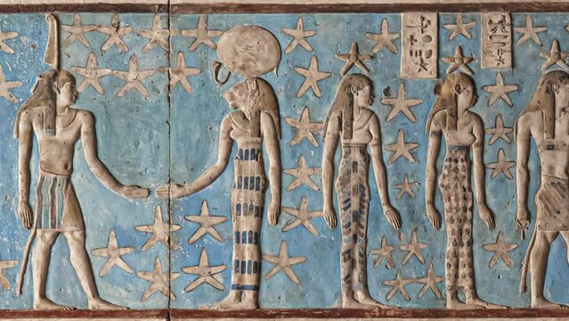 Ancient Egyptian hieroglyphs and bas-reliefs close-up in Dendera temple or Temple of Hathor. Egypt. Dendera Temple complex, one of the best-preserved temple sites from ancient Upper Egypt.
