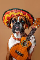 cute boxer dog in a mexican traditional sombrero hat playing the guitar ukulele on a beige brown background