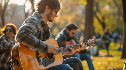 a young man playing guitar with friends in the park on a sunny day. Outdoor activities,