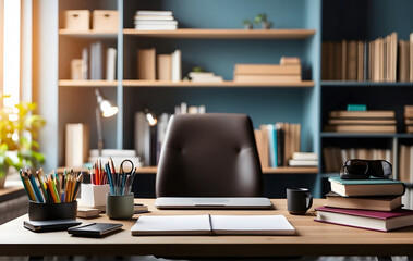 A workspace featuring an empty desk adorned with books and supplies, set against the backdrop of a blurred library or home office interior. Ample copy space is available for text or product showcasing