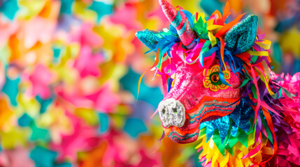 face of a bright colored unicorn pinata on a vibrant background copy space Cinco De Mayo holiday tradition to Mexico