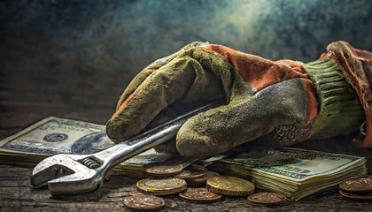 Wrench, old tools and dirty gloves with banknotes, laboulers century, empty space