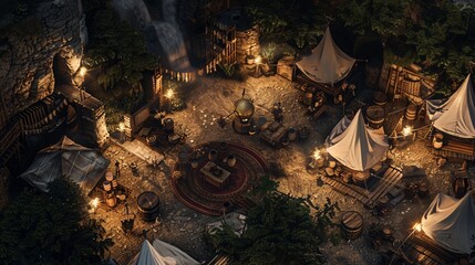 aerial view of a medieval market in a Crystal cavern, top down view, birds eye view, fantasy elven architecture, 