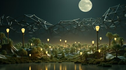 A fantasy landscape with trees, street lights and moon