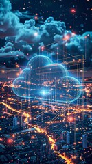 Fototapeta premium A cityscape with a large cloud in the sky. The city is lit up with lights and the cloud is glowing with a blue hue. Scene is futuristic and technological