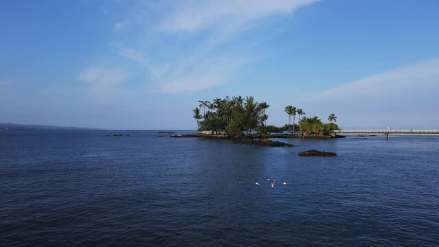 aerial view of Hilo bay, Hawaii and Mauna Kea on a clear day