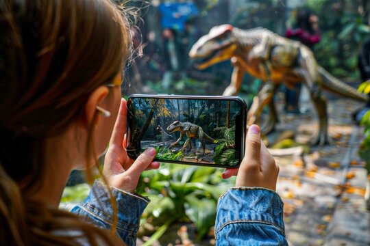 A girl is taking a picture of a dinosaur on her phone. The dinosaur is large and has a long neck. The girl is holding the phone up to her eye level, capturing the entire dinosaur in the frame