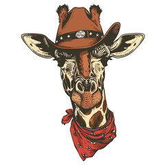 Giraffe Head wearing wearing cowboy hat and bandana around neck