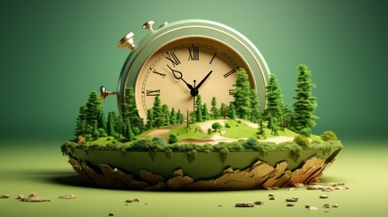 Green planet with clock and forest on green background