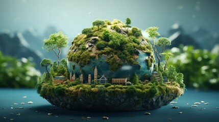 Mini planet earth with houses and trees. Eco concept. - obrazy, fototapety, plakaty
